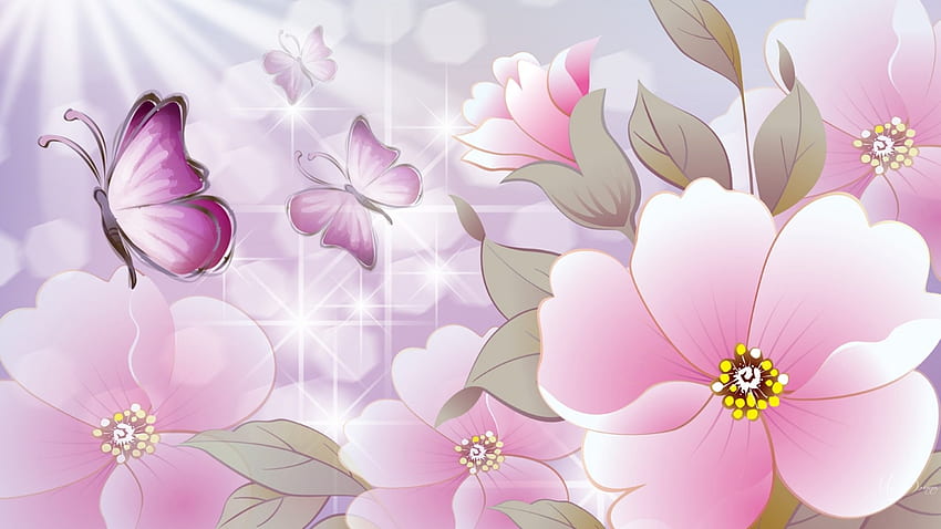 Превъзходни пролетни розови цветове, блясък, пролет, пеперуди, светлина, цветове, блясък, блясък, сакура, bpink, цветя, цъфти HD тапет