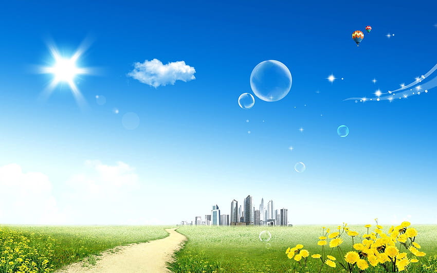 Sky, Sun, Dandelions, Clouds, City, Vector, Dahl, Distance, Bubble HD wallpaper