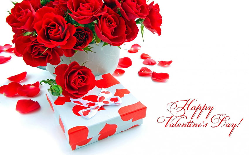 ハッピーバレンタインデー!、白、ギフト、バレンタイン、バラ、ボックス、花、赤、カード、ハート 高画質の壁紙