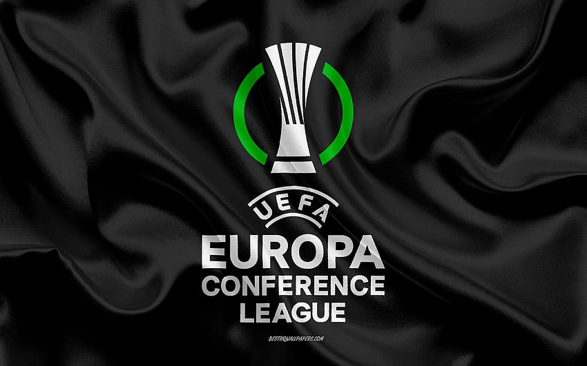 UEFA ヨーロッパ カンファレンス リーグ、黒い絹のテクスチャ、UECL、UEFA カンファレンス リーグのロゴ、サッカー、カンファレンス リーグのエンブレム 高画質の壁紙