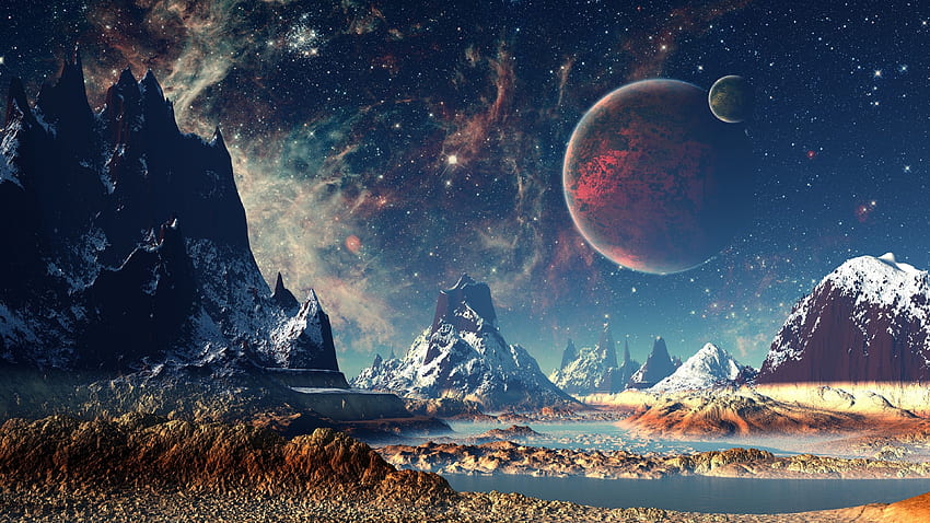 Mountains Stars Space Planets Digital Art Artwork , Artist, , , Background, and , Space and Planets HD wallpaper