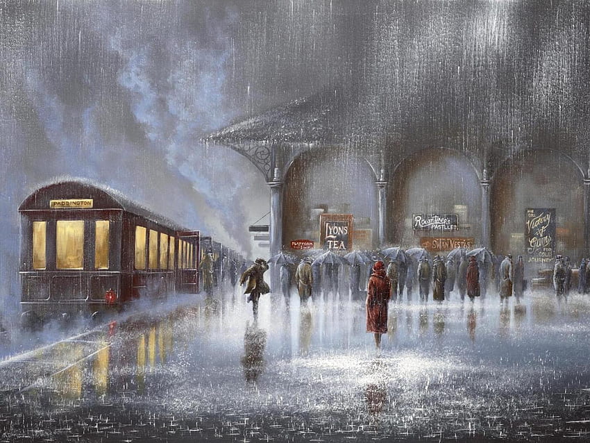 Rainy day - beautiful painting people in the rain station HD wallpaper
