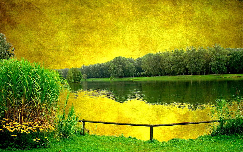 Yellow Sky Green Scenery Lake PC and Mac, Green Landscape HD wallpaper