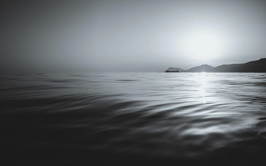 Black and white Calm Coast Islands Sea Sunset Waves HD wallpaper
