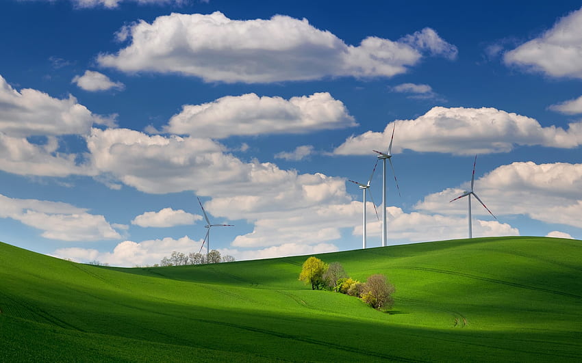 Turbin Lapangan dan Angin, awan, alam, turbin angin, lapangan Wallpaper HD