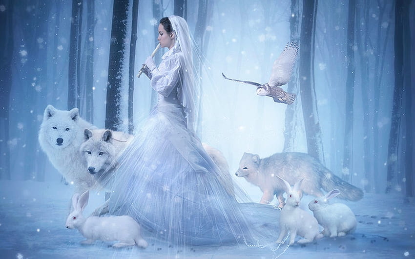 Fantasi Musim Dingin, biru, putih, seruling, serigala, burung hantu, musik, Musim dingin, fantasi, gadis fantasi, hewan, Kelinci, halus, hutan Wallpaper HD
