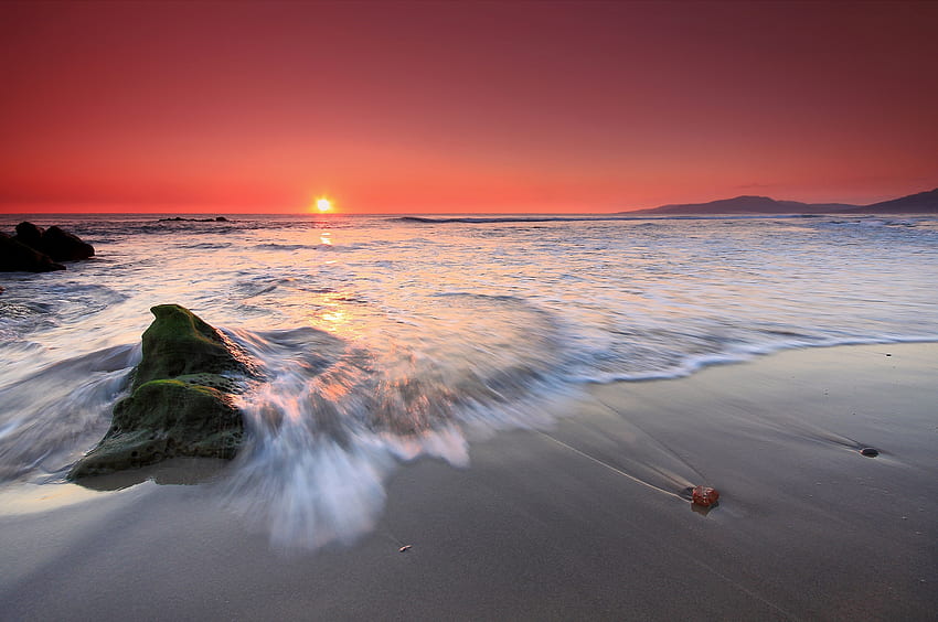 Natura, zachód słońca, morze, fale, plaża, piasek Tapeta HD