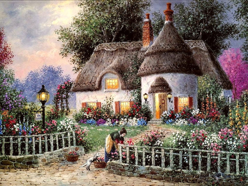Cottage, art, dennis patrick lewan, house, summer, pink, painting, pictura, flower HD wallpaper