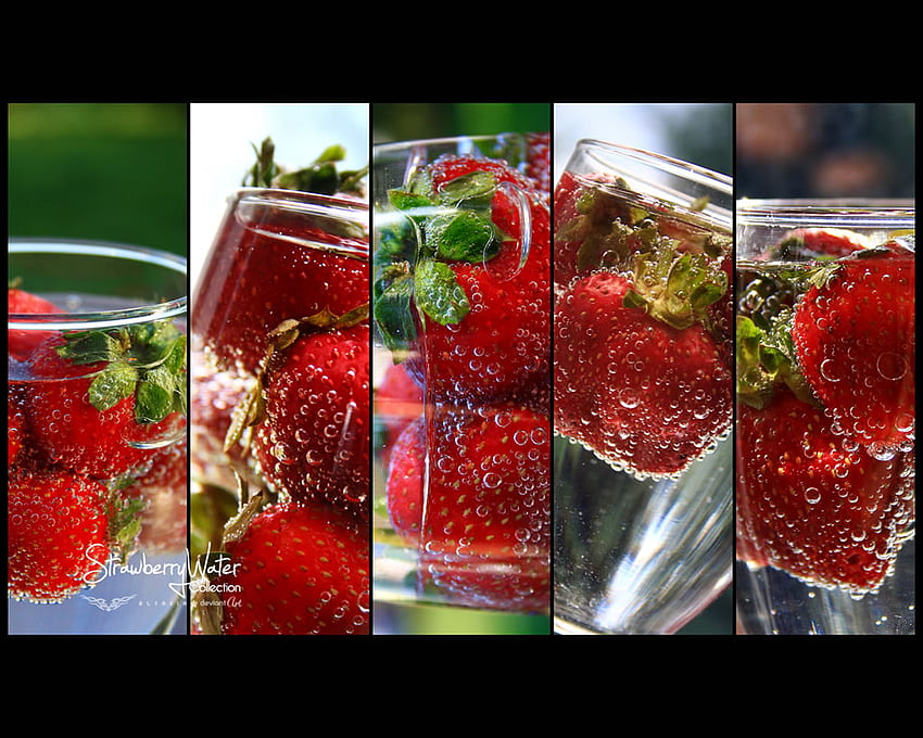 Glass of strawberry bubbly, white, black, strawberry, green, red, glass, bubbles HD wallpaper