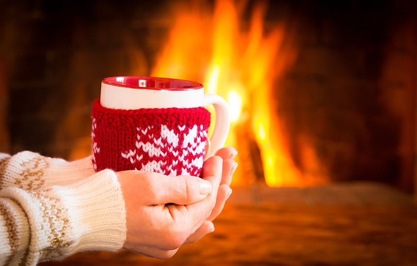inverno, café, quente, Copa, fogo, lareira, inverno, xícara, café, fofa, Luva para, seção настроения papel de parede HD