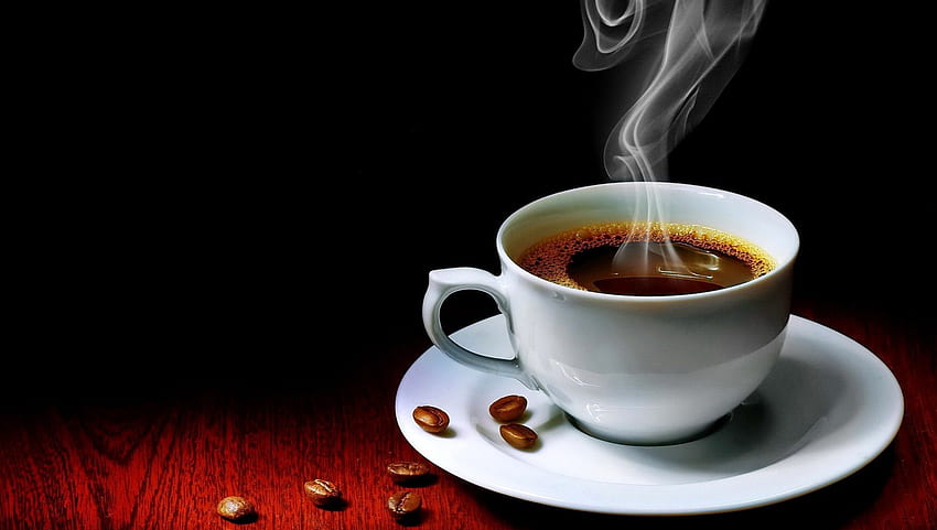 Chicchi di caffè, tavola, mattina, bella, tazza, fresca, bella, caffè, bella, fumo, caffè, piacevole, fagioli, bella, bevanda Sfondo HD