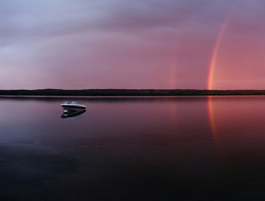 SUGARLAKE RAINBOW, lago de azúcar, grafía, arco iris, reflejos, púrpura, lagos, rosa, barcos, cielo, agua, puesta de sol fondo de pantalla