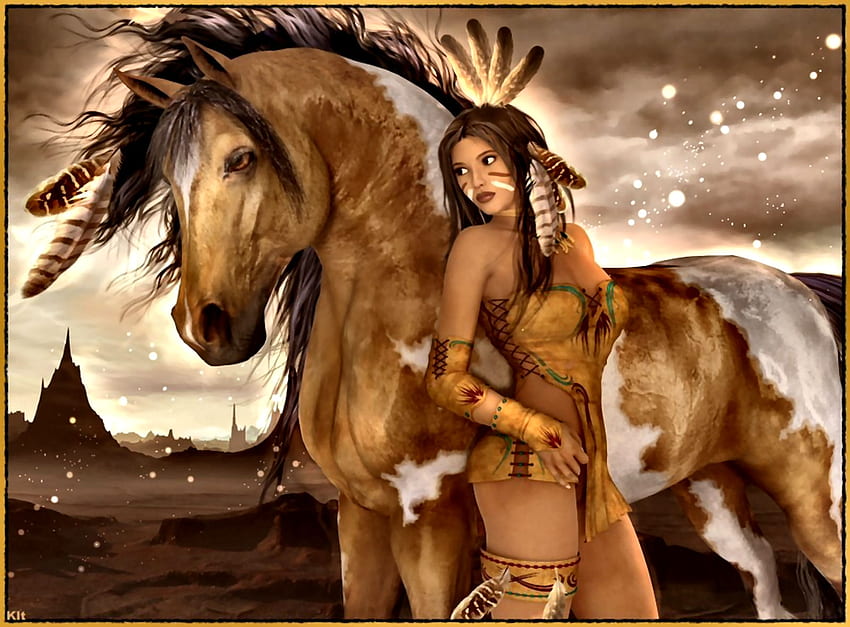 Kızılderili Atı C, hayvan, at, sanat, kız, güzel, illüstrasyon, sanat eseri, Kızılderili, geniş ekran, , at HD duvar kağıdı