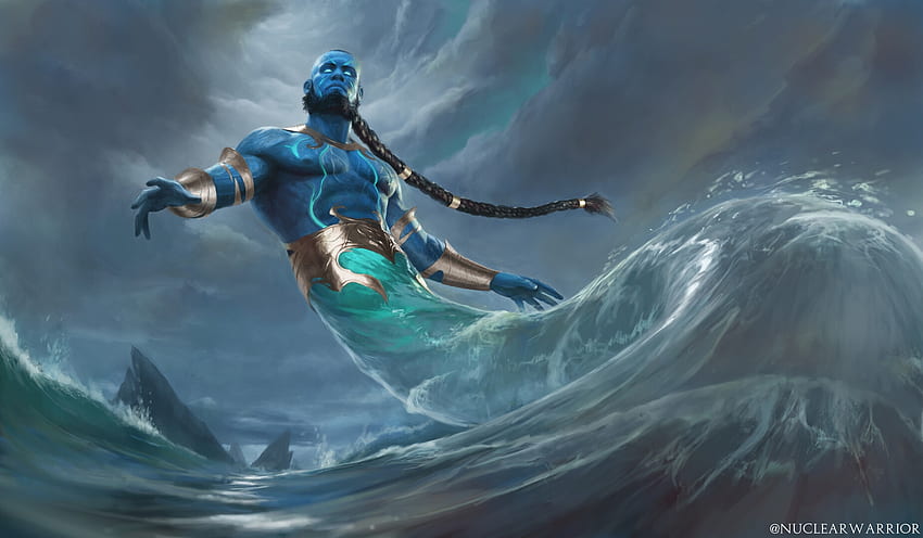 Tempest Djinn, blue, sea, art, fantasy, djinn, man, water, tempest, ari targownik HD wallpaper
