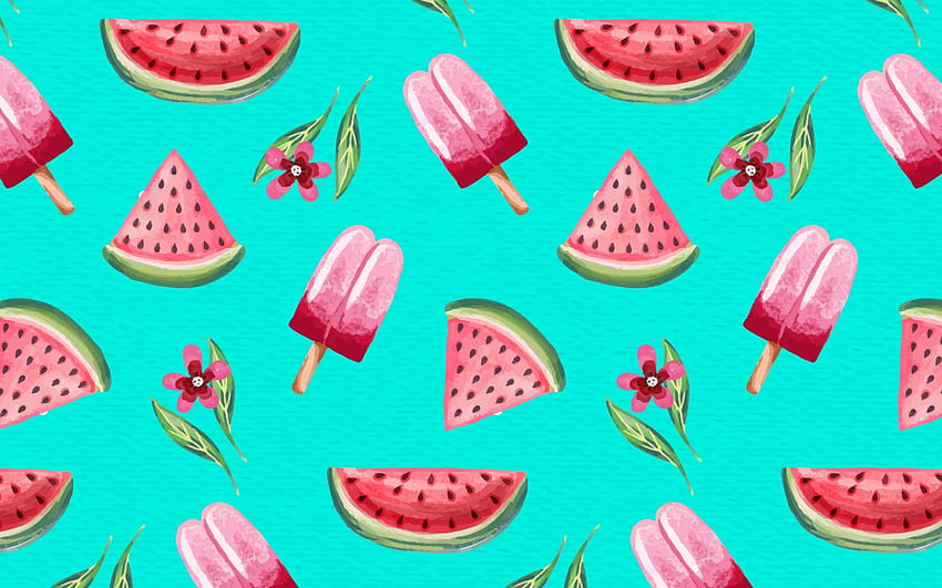 Pattern, fruit, watermelon, ice cream, blue, sweet, food, summer, pink, icecream, red, green, vara HD wallpaper