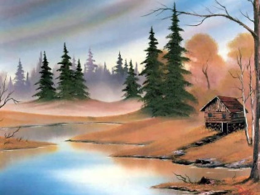 Quiet Setting, creek, pine trees, timber building, art, brownish grass HD wallpaper