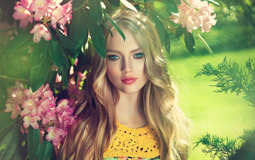 Piękna, kobieta, model, kwiaty, plenerowy Tapeta HD