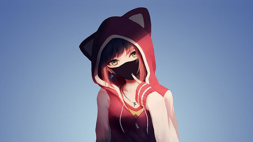 Chica anime con capucha, máscara, original. fondo de pantalla