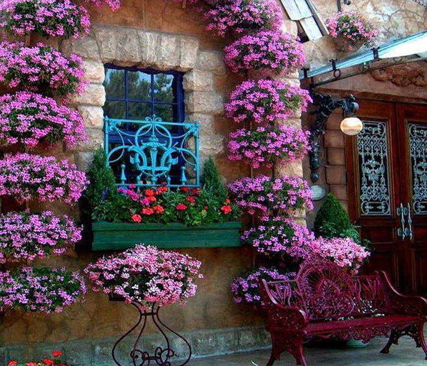 wymarzony dom, fioletowy, różowy, grafika, kwiaty, domy, piękno Tapeta HD