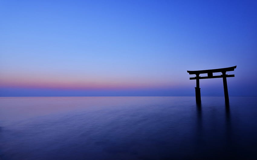 Blue Horizon, blue, horizon, torii, arch, japan, gate, sky, ocean HD wallpaper