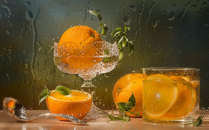 Stillleben, Glas, Früchte, Orange HD-Hintergrundbild