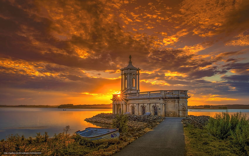 Chiesa abbandonata al tramonto, Inghilterra, mare, barca, nuvole, chiesa, tramonto Sfondo HD
