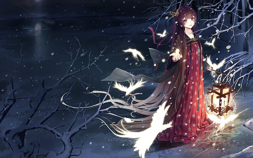 Anime Girl, Chinese Traditional Clothes, Birds HD wallpaper