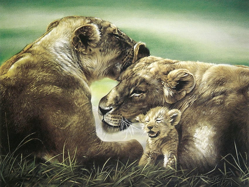 Singa Betina Afrika Dengan Cub, afrika, singa betina, anak, lukisan Wallpaper HD
