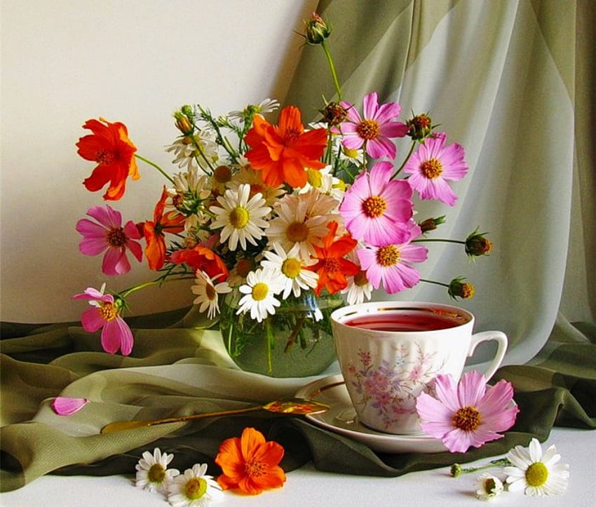 A beleza de um momento, colorida, bom dia, linda, beleza, natureza morta, natureza, flores, agradável, xícara de chá papel de parede HD