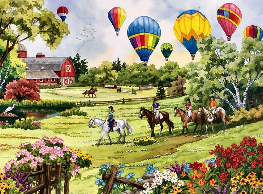 Balon Di Atas Padang Rumput F1, seni, lanskap, penerbangan, cantik, karya seni, penerbangan, pemandangan, layar lebar, kuda, lukisan, kuda, balon udara panas, padang rumput Wallpaper HD