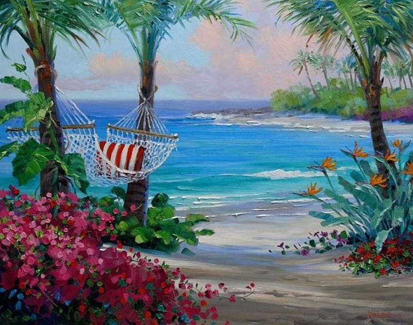 Estate, mare, palme, fiori, blu, nuvole, spiaggia Sfondo HD