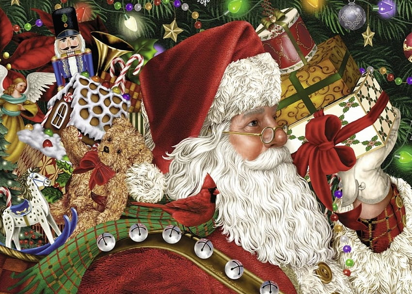 Père Noël au travail, œuvres d'art, décoration, peinture, Noël, ours en peluche, cadeaux Fond d'écran HD