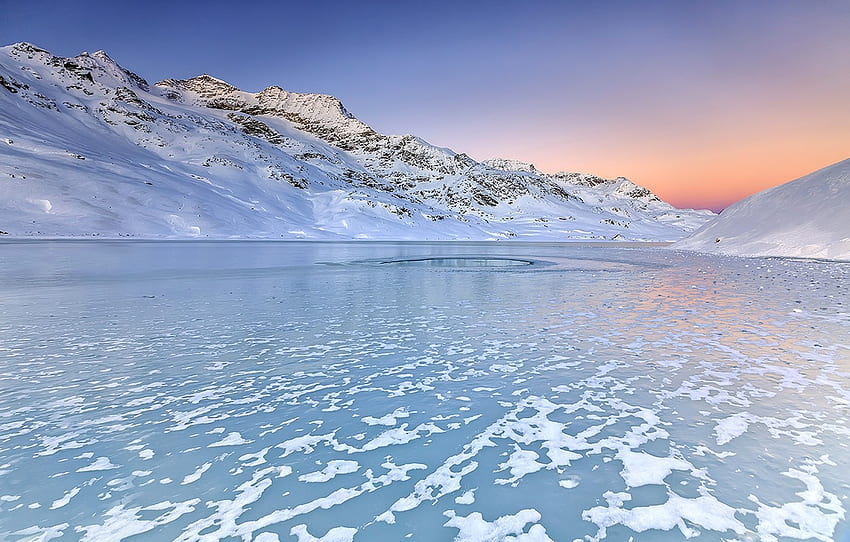 ท้องฟ้า ฤดูหนาว ดวงอาทิตย์ น้ำ ภูเขา หิมะ สีขาว พระอาทิตย์ขึ้น น้ำแข็ง ทะเลสาบ เย็น Alba Neve Engadine Inverno สวิตเซอร์แลนด์ สำหรับ หมวด пейзажи วอลล์เปเปอร์ HD
