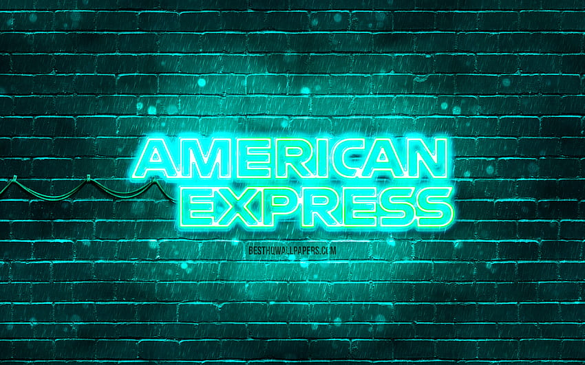 American Express turquoise logo, , turquoise brickwall, American Express logo, brands, American Express neon logo, American Express HD wallpaper