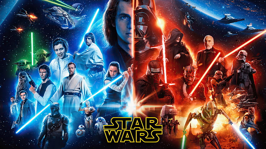 Darth Vader, Darth Maul, Anakin Skywalker, The Mandalorian, Luke Skywalker, Rey, Han Solo, Obi Wan Kenobi ve Yoda Ultra. Arkaplan, Darth Vader ve Luke Skywalker HD duvar kağıdı