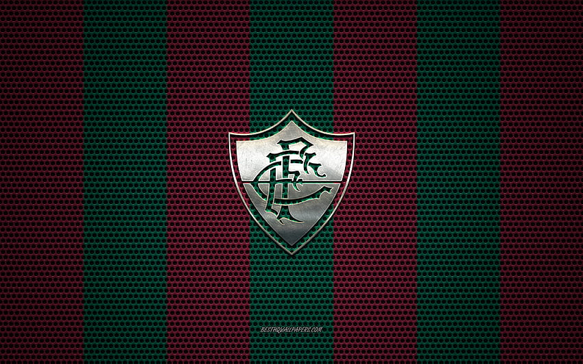 Logo Fluminense FC, squadra di calcio brasiliana, emblema in metallo, in rete metallica verde bordeaux, Fluminense FC, Serie A, Rio De Janeiro, Brasile, calcio per con risoluzione. Alta qualità Sfondo HD