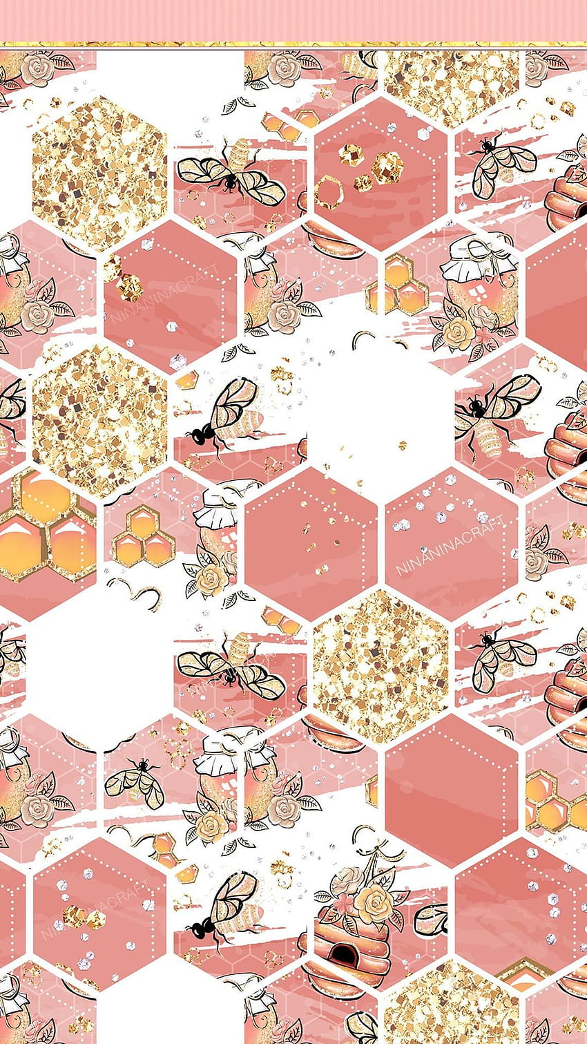 Honey Bee Digital Papers Basics, goldene Glitzerblumen, nahtlose Modemuster, Bienenstock, Waben, glamouröse Stoffe HD-Handy-Hintergrundbild