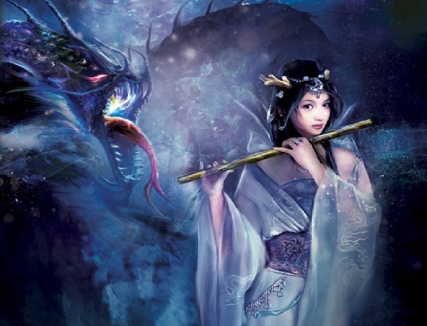 Garota de quimono e seu dragão, garota, drago, garota e dragão, garota de quimono papel de parede HD