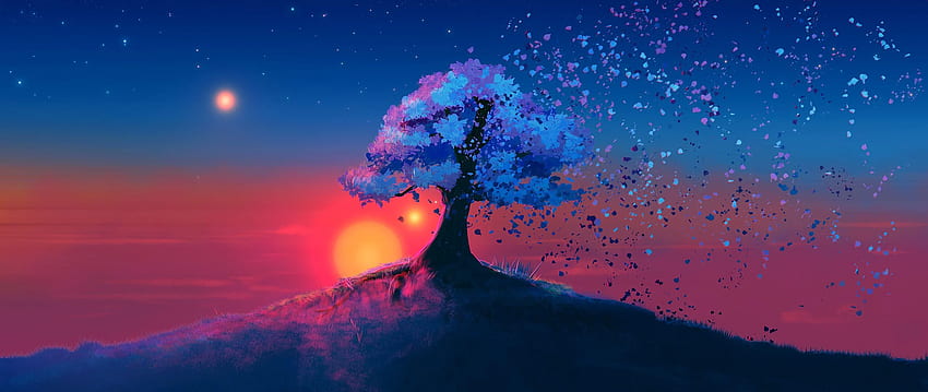 dark, tree, sunset, landscape, art, 2560X1080 PC HD wallpaper