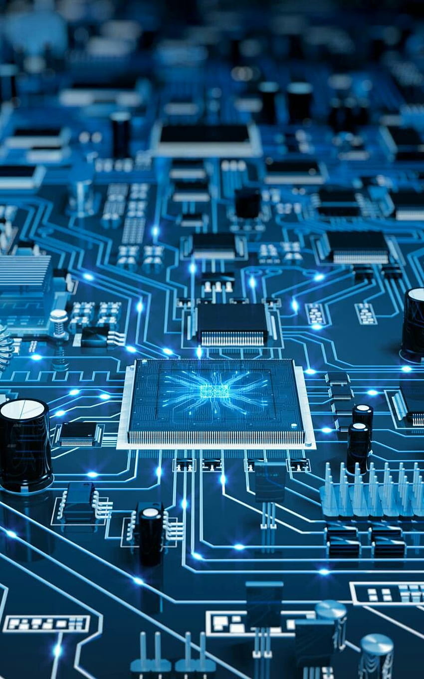 Motherboard des elektronischen Steuersystems. Art & Line Circuit Design im blauen Hintergrund. Elektronik , Elektrotechnik, Technik HD-Handy-Hintergrundbild