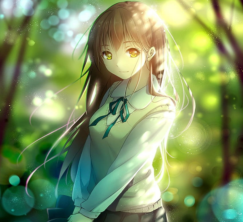 Sweet Student, uniform, cute, long hair, beauty, lady, brown, student, school, female, white, art, smile, ribbon, girl, beautiful, woman, anime, light, green, yellow, lovely, forest HD wallpaper