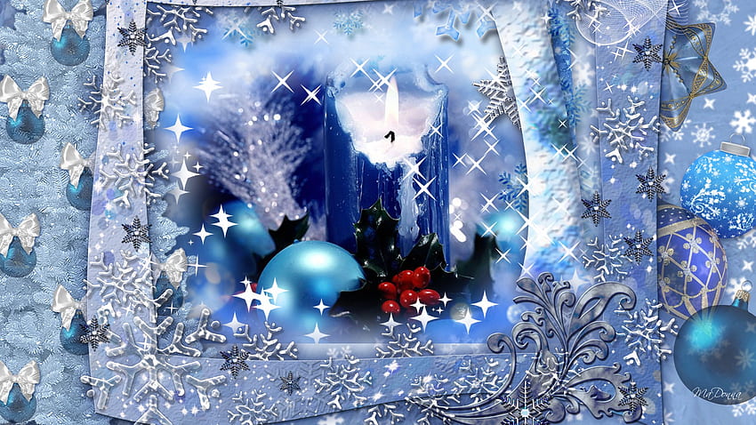 크리스마스 캔들 블루, 블루, 글로우, 파이어 폭스 페르소나, 새해, 리본, 별, 리본, 굽기, 크리스마스, 눈송이, 활, 리본, 열매, 공, 홀리, 양초, 크리스마스, feliz naviada HD 월페이퍼