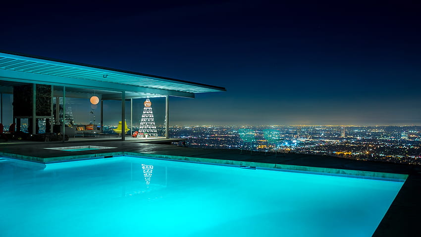 Una Navidad moderna en casa, ciudad, navidad, casa, vista, piscina, moderno, árbol fondo de pantalla
