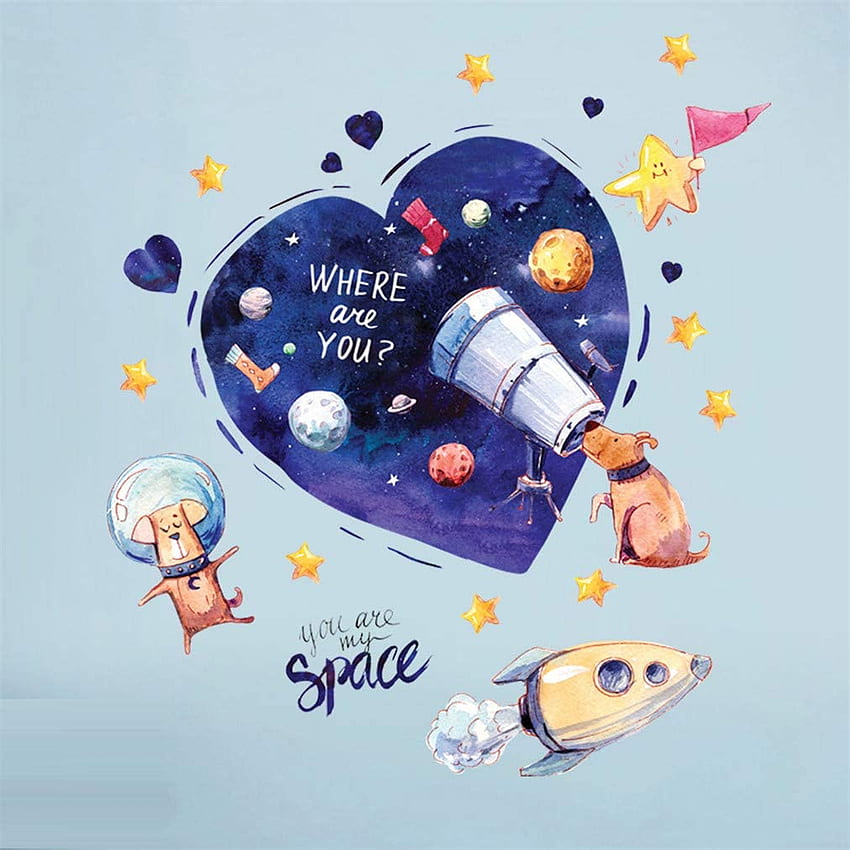 EWQ Adesivi murali Space Dog Blue Heart Cartoon DIY Wall Art Decal Decorazione Adesivi decorativi creativi per camerette: Casa e cucina Sfondo del telefono HD