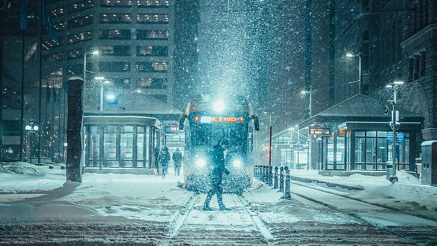 snowfall, night, city, transport, Amsterdam Winter HD wallpaper