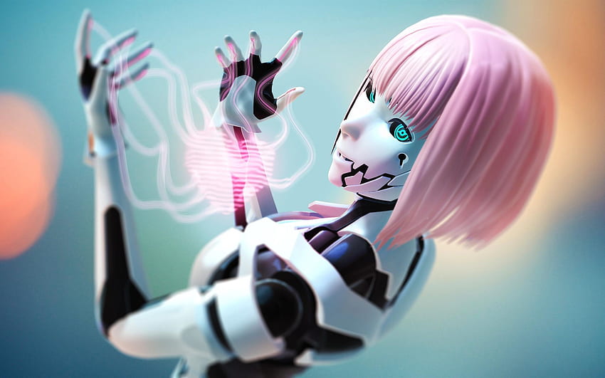 로봇, 핑크 머리 소녀, 여성 로봇 HD 월페이퍼