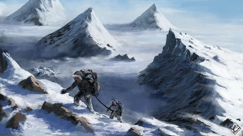 art, Mountains, Snow, Mountain, Climbers, Top, Height, Fantasy / and Mobile Background HD wallpaper