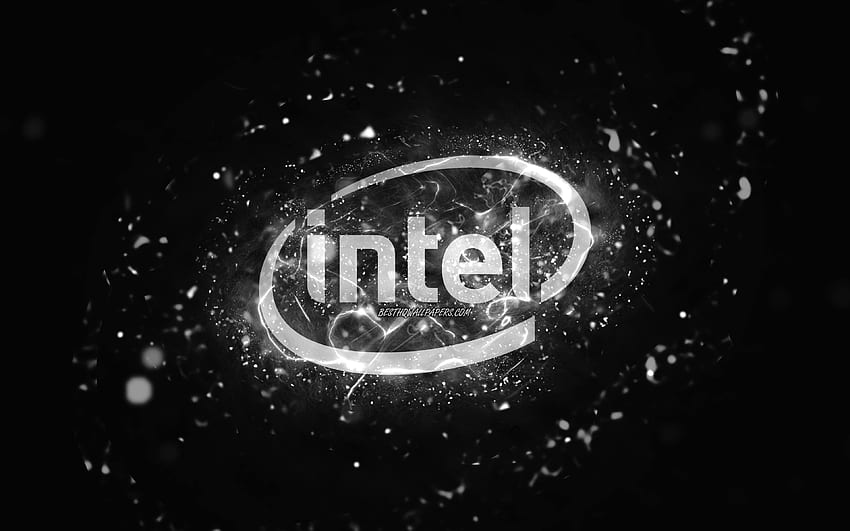 Białe logo Intel, białe neony, kreatywne, czarne abstrakcyjne tło, logo Intel, marki, Intel Tapeta HD