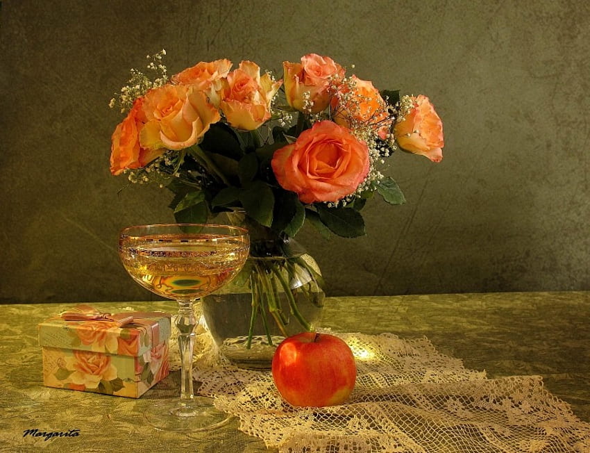 Stunning, wineglass, roses, floral, vase, lace, peach roses, still life, box, yellow, fruit, apple, flowers, white wine, wine HD wallpaper