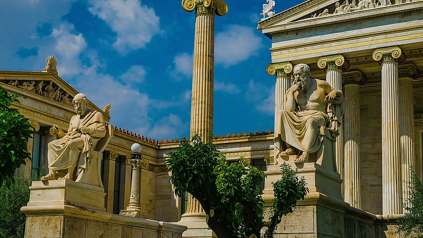 Estatuas de mármol de los antiguos filósofos griegos Sócrates y Platón, Filosofía griega antigua fondo de pantalla